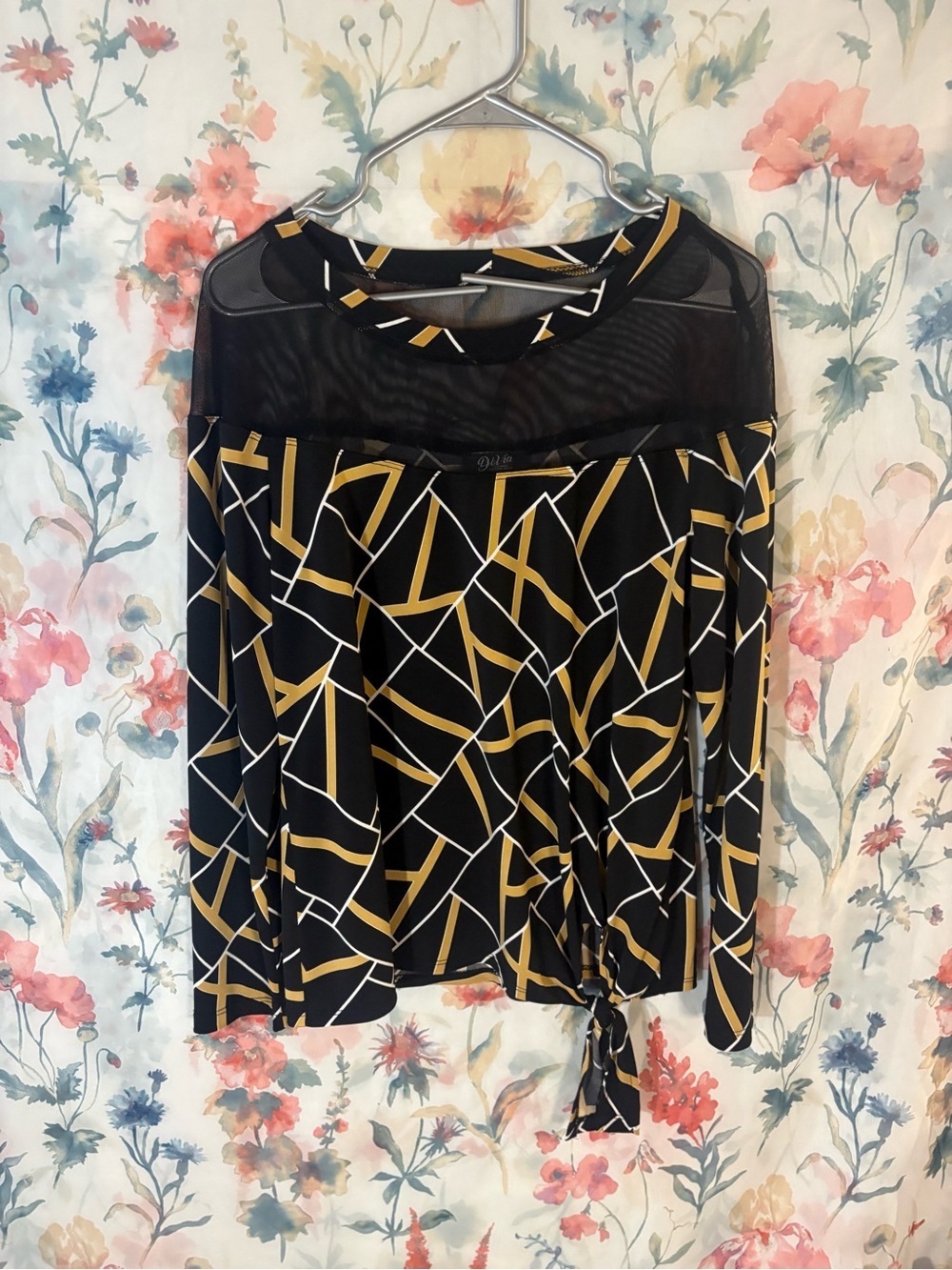 Vintage Black Geometric Print Tie-Front Blouse with Mesh Yoke